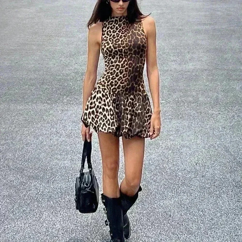 Multicolor Sexy Women's Summer Leopard Print Backless Bud Dress